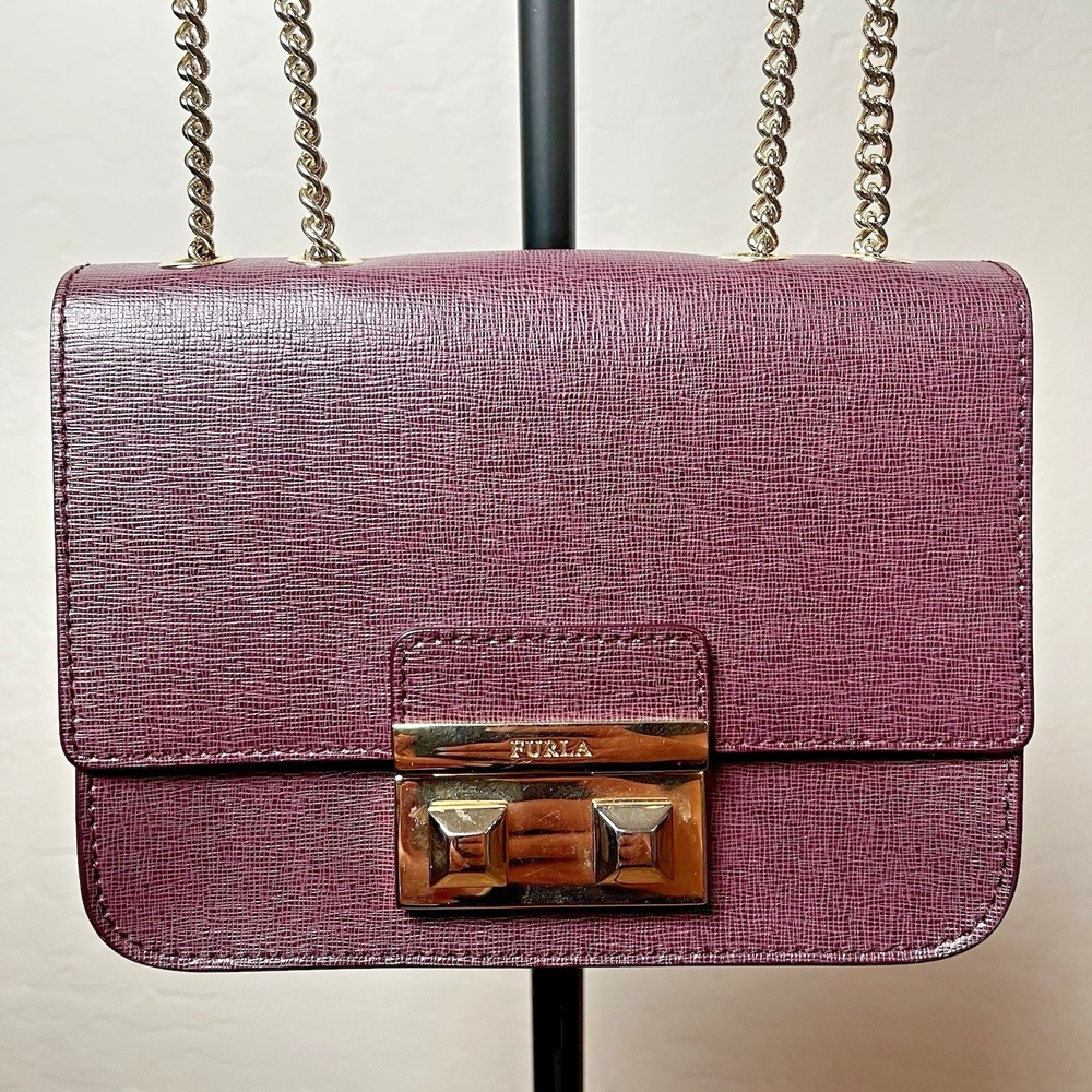 Furla Bella Mini‎ Crossbody Bag Burgundy Purple Saffiano Leather Gold Chain